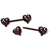 14G 9/16 Red CZ Gem Black Passion Heart Barbell Nipple Ring Set