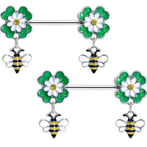 14G 9/16 Yellow Gem Daisy Bee Glittery Barbell Nipple Ring Set