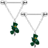 14G 9/16 Green Gem Top Hat Shamrock Chain Dangle Nipple Ring Set