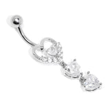 Clear CZ Gem Opulent Heart Quartet Dangle Belly Ring