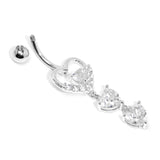 Clear CZ Gem Opulent Heart Quartet Dangle Belly Ring