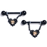 14G 9/16 Clear Gem Black Golden Spider Web Dangle Nipple Ring Set