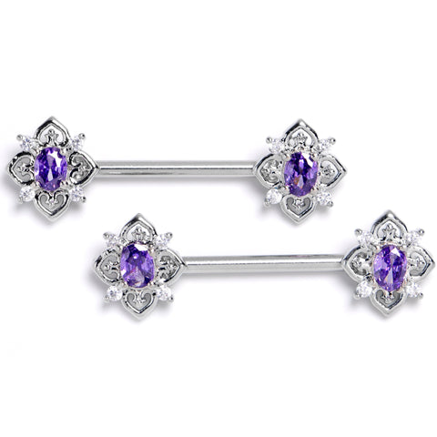14G 9/16 Purple Gem Lace Look Hearts Barbell Nipple Ring Set