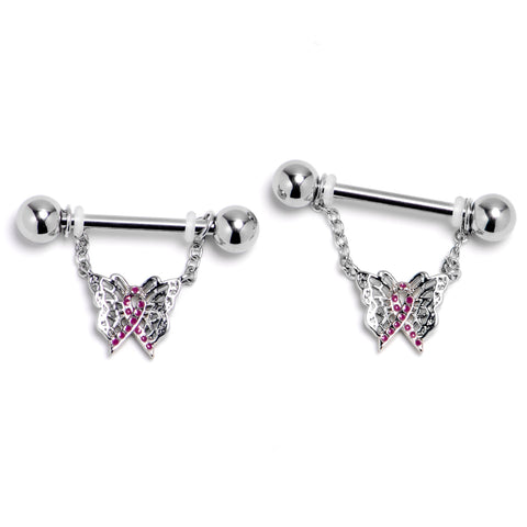 14G 9/16 Butterfly Beauty In Flight Chain Dangle Nipple Ring Set