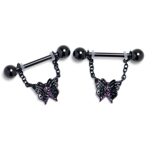 14G 9/16 Black Butterfly In Flight Chain Dangle Nipple Ring Set