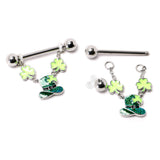 14G 9/16 Glitter Top Hat Shamrock Chain Dangle Nipple Ring Set