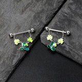 14G 9/16 Glitter Top Hat Shamrock Chain Dangle Nipple Ring Set