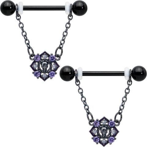 14G 9/16 Purple Gem Black Skull Circle Chain Dangle Nipple Ring Set