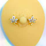 14G 3/4 Clear CZ Gem Gold Tone Pot Leaf Barbell Nipple Ring Set