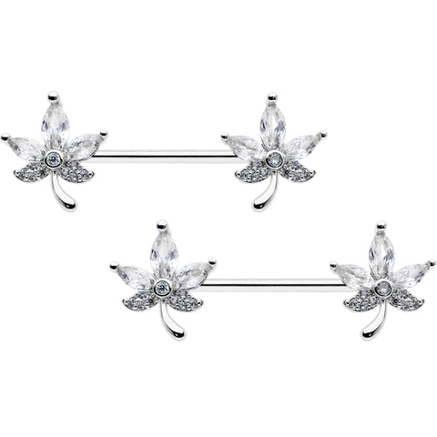 14G 3/4 Clear CZ Gem Pot Leaf Barbell Nipple Ring Set