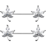 14G 3/4 Clear CZ Gem Pot Leaf Barbell Nipple Ring Set