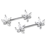14G 3/4 Clear CZ Gem Pot Leaf Barbell Nipple Ring Set