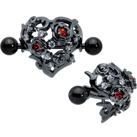14G 9/16 Red Clear CZ Gem Black Floral Heart Nipple Shield Set
