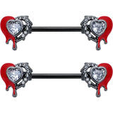 14G 9/16 Clear Gem Black Bleeding Heart Barbell Nipple Ring Set