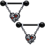 14G 9/16 Red CZ Gem Black Floral Heart Chain Dangle Nipple Ring Set