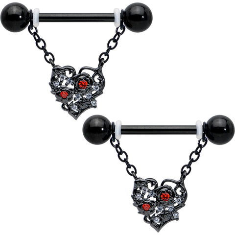 14G 9/16 Red CZ Gem Black Floral Heart Chain Dangle Nipple Ring Set