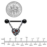 14G 9/16 Red CZ Gem Black Floral Heart Chain Dangle Nipple Ring Set