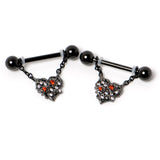 14G 9/16 Red CZ Gem Black Floral Heart Chain Dangle Nipple Ring Set