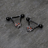 14G 9/16 Red CZ Gem Black Floral Heart Chain Dangle Nipple Ring Set