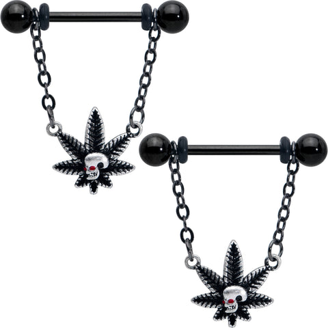 14G 9/16 Red Gem Black Pot Leaf Skull Chain Dangle Nipple Ring Set