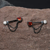 14G 9/16 Red CZ Gem Black Heart Hand Chain Dangle Nipple Ring Set