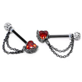 14G 9/16 Red CZ Gem Black Heart Hand Chain Dangle Nipple Ring Set