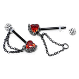 14G 9/16 Red CZ Gem Black Heart Hand Chain Dangle Nipple Ring Set