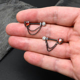 14G 9/16 Red CZ Gem Black Heart Hand Chain Dangle Nipple Ring Set