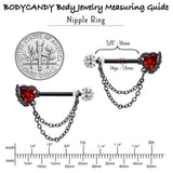14G 9/16 Red CZ Gem Black Heart Hand Chain Dangle Nipple Ring Set