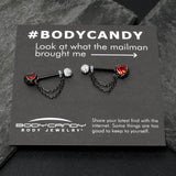 14G 9/16 Red CZ Gem Black Heart Hand Chain Dangle Nipple Ring Set