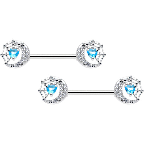 14G 9/16 Blue CZ Gem Heart Web Moon Barbell Nipple Ring Set
