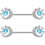 14G 9/16 Blue CZ Gem Heart Web Moon Barbell Nipple Ring Set