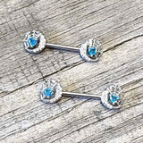 14G 9/16 Blue CZ Gem Heart Web Moon Barbell Nipple Ring Set
