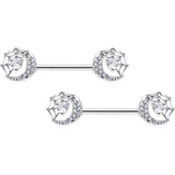 14G 9/16 Clear CZ Gem Heart Web Moon Barbell Nipple Ring Set