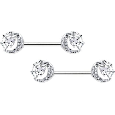 14G 9/16 Clear CZ Gem Heart Web Moon Barbell Nipple Ring Set