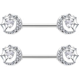 14G 9/16 Clear CZ Gem Heart Web Moon Barbell Nipple Ring Set