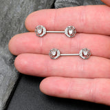 14G 9/16 Clear CZ Gem Heart Web Moon Barbell Nipple Ring Set