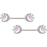 14G 9/16 Pink CZ Gem Heart Web Moon Barbell Nipple Ring Set