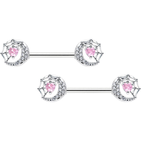 14G 9/16 Pink CZ Gem Heart Web Moon Barbell Nipple Ring Set
