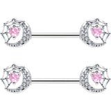 14G 9/16 Pink CZ Gem Heart Web Moon Barbell Nipple Ring Set