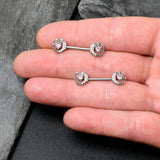 14G 9/16 Pink CZ Gem Heart Web Moon Barbell Nipple Ring Set