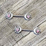 14G 9/16 Pink CZ Gem Heart Web Moon Barbell Nipple Ring Set
