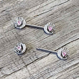 14G 9/16 Pink CZ Gem Heart Web Moon Barbell Nipple Ring Set