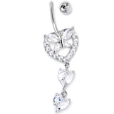 Clear CZ Gem Butterfly Hearts of Love Dangle Belly Ring