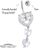 Clear CZ Gem Butterfly Hearts of Love Dangle Belly Ring