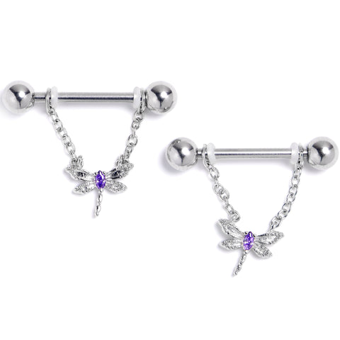 14G 9/16 Purple Gem Texture Dragonfly Dangle Nipple Ring Set