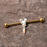 14G Gold Tone Cutie Easter Bunny Dangle Industrial Barbell 38mm