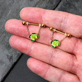 14G 9/16 Clear Gem Gold Hue Lucky Shamrock Dangle Nipple Ring Set