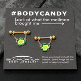 14G 9/16 Clear Gem Gold Hue Lucky Shamrock Dangle Nipple Ring Set