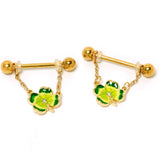 14G 9/16 Clear Gem Gold Hue Lucky Shamrock Dangle Nipple Ring Set